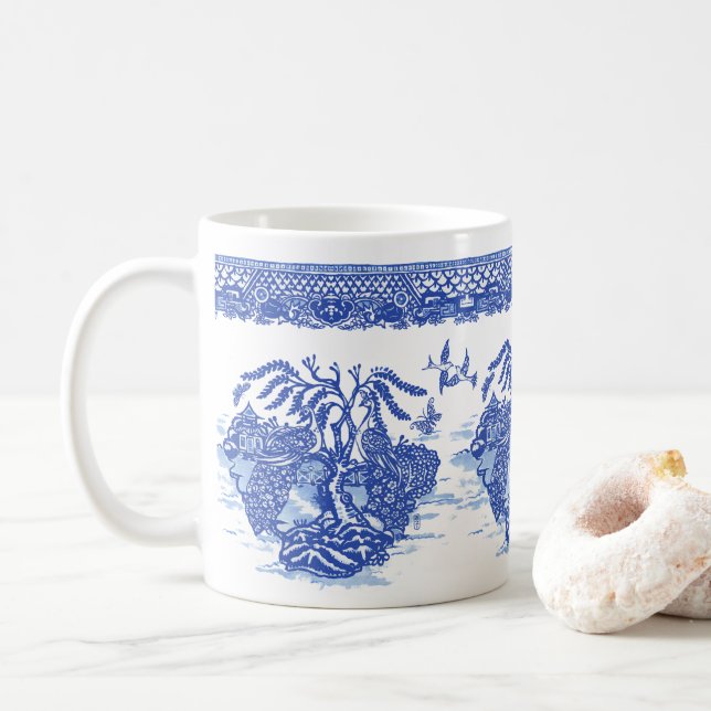 Blue Willow Peacock Bird Isle of Animals  Fun Art Coffee Mug (With Donut)