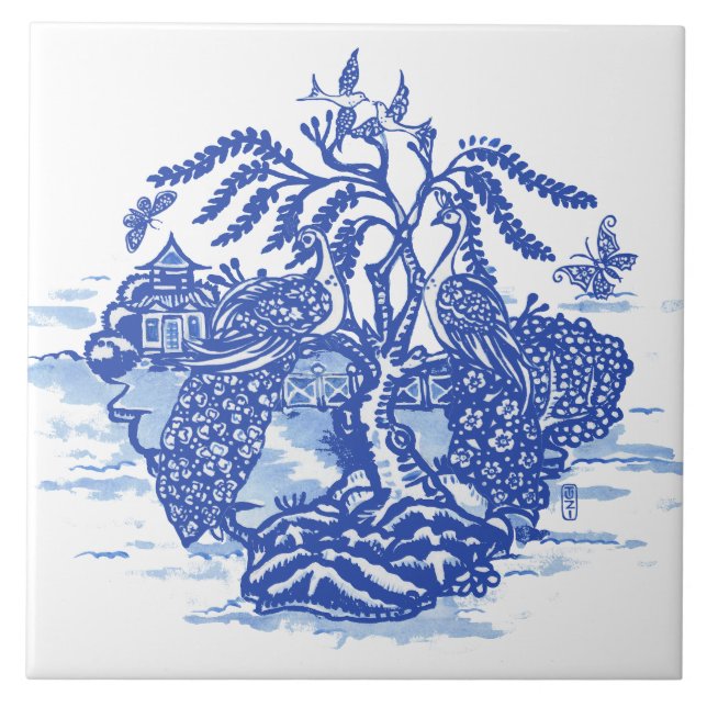 Blue Willow Peacock Island Asian Temple Garden Art Tile (Front)