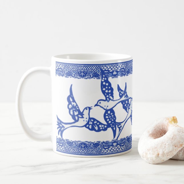 Blue Willow Phoenix Bird Blue & White Chinoiserie Coffee Mug (With Donut)