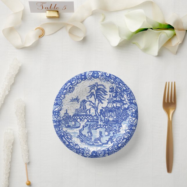 Blue Willow Rabbit Classic Whimsical Pottery Paper Plate (Wedding)