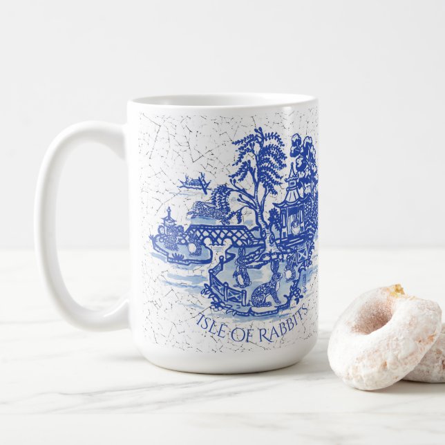 Blue Willow Rabbit Island Whimsical Crackle Look Coffee Mug (With Donut)