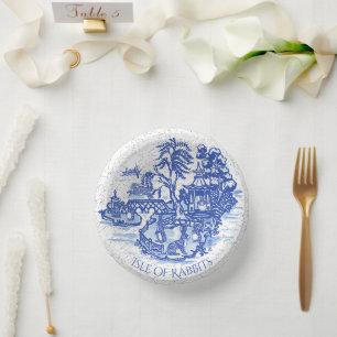 Blue Willow Rabbit Island Whimsical Crackle Look Paper Plate