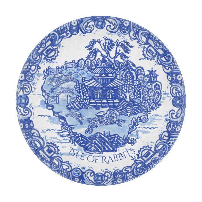 Blue Willow Rabbit Island White Whimsical Toile Cu Cutting Board (Front)