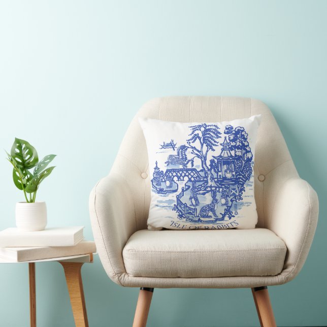 Blue Willow Rabbit Island White Whimsical Toile Cushion (Chair)