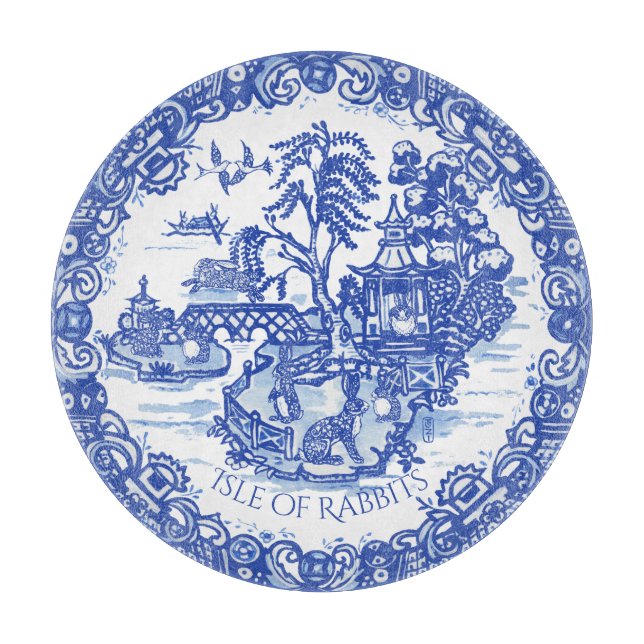 Blue Willow Rabbit Island White Whimsical Toile Cutting Board (Front)
