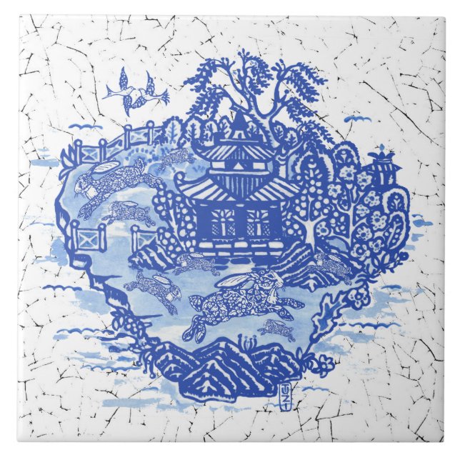 Blue Willow Rabbit Isle Willow Antique Fantasy Art Tile (Front)