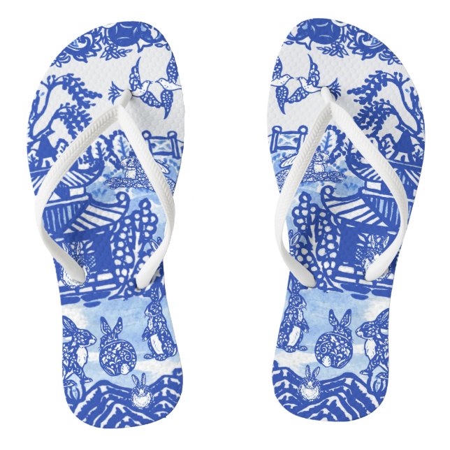 Blue Willow Rabbit Oriental Garden Whimsical Bunny Flip Flops (Footbed)