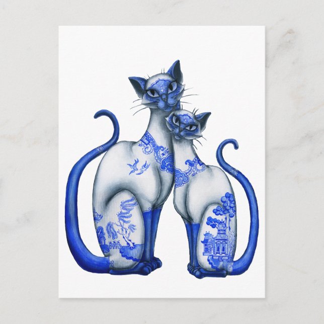 Blue Willow Siamese Cats Postcard (Front)