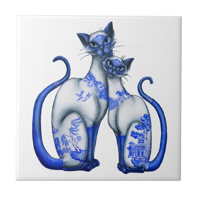 Blue Willow Siamese Cats Tile (Front)