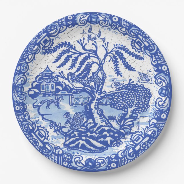 Blue Willow Squirrel Bird Fox Asian Temple Crackle Paper Plate (Front)