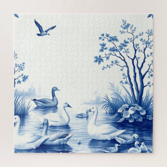 Blue Willow Swans Lake Scene Jigsaw Puzzle (Vertical)
