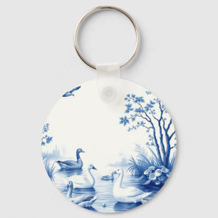 Blue Willow Swans Lake Scene Key Ring