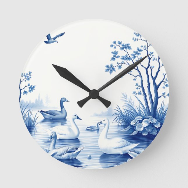 Blue Willow Swans Lake Scene Round Clock (Front)