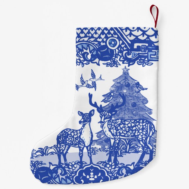 Blue Willow Woodland Deer Xmas Tree Bird Holiday S Small Christmas Stocking (Back)