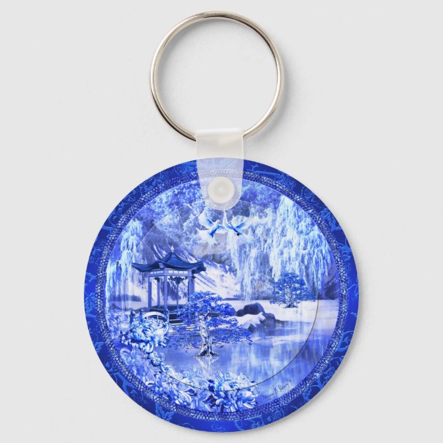 "Blue Willow World" Button Keychain (Front)