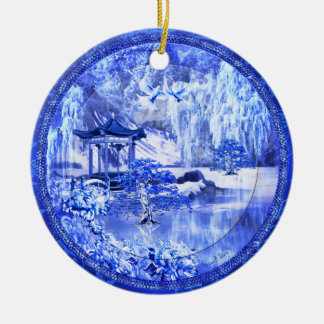 "Blue Willow World" Ceramic Ornament, Original Art Ceramic Tree Decoration