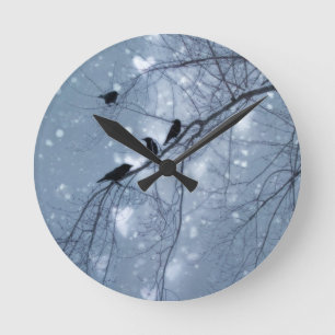 Blue Willowy Snow Crows Round Clock