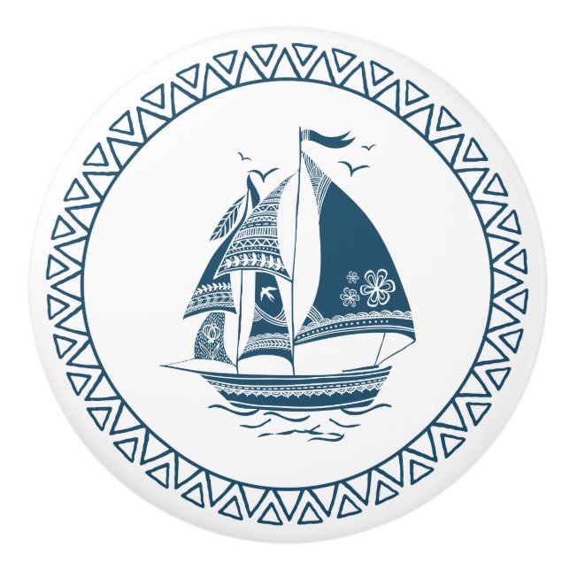 Blue Wind Sailing Nautical Boat Ceramic Knob (Front)