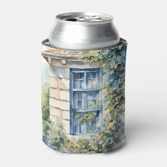 Blue Window Stone Wall Cottage Vines Can Cooler (Can Front)