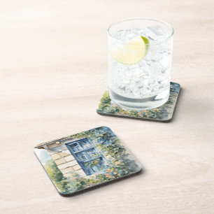 Blue Window Stone Wall Cottage Vines Coaster