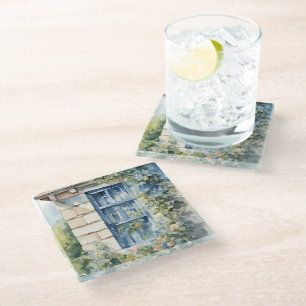 Blue Window Stone Wall Cottage Vines Glass Coaster