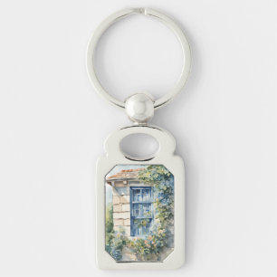Blue Window Stone Wall Cottage Vines Key Ring