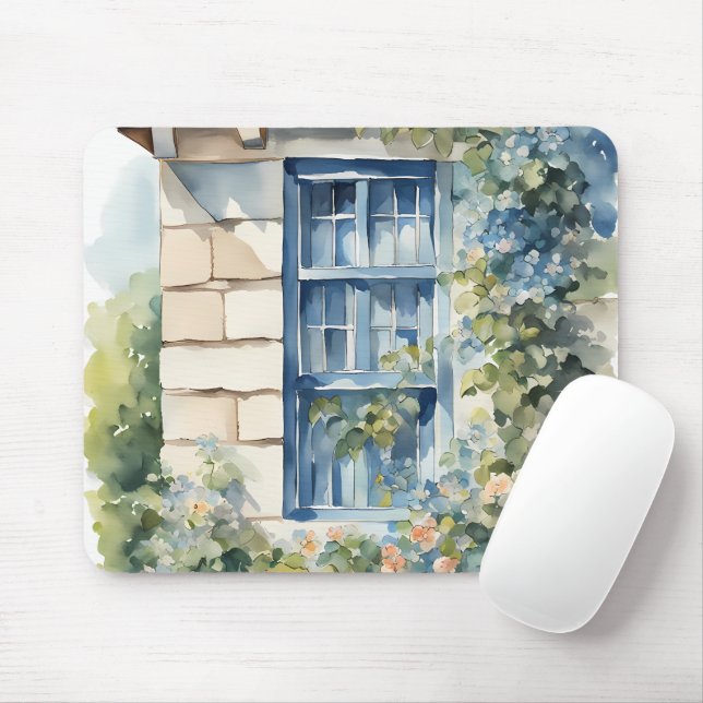 Blue Window Stone Wall Cottage Vines Mouse Mat (With Mouse)