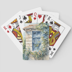 Blue Window Stone Wall Cottage Vines Playing Cards