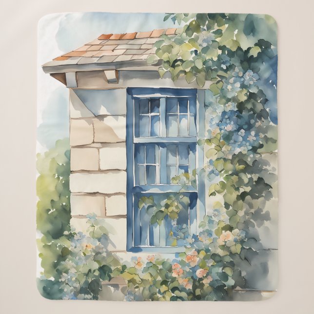 Blue Window Stone Wall Cottage Vines Sherpa Blanket (Front)