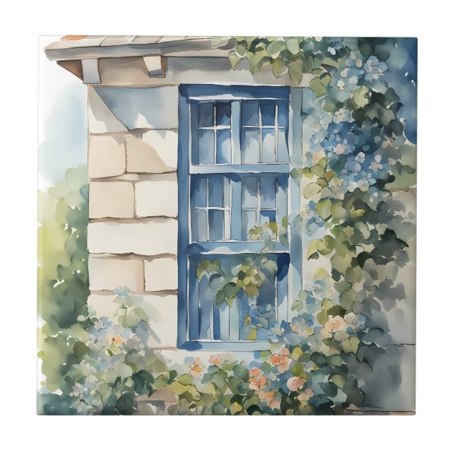 Blue Window Stone Wall Cottage Vines Tile (Front)