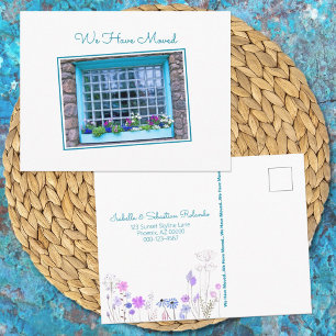 Blue Window We Have Moved Colourful Flower Box Postcard