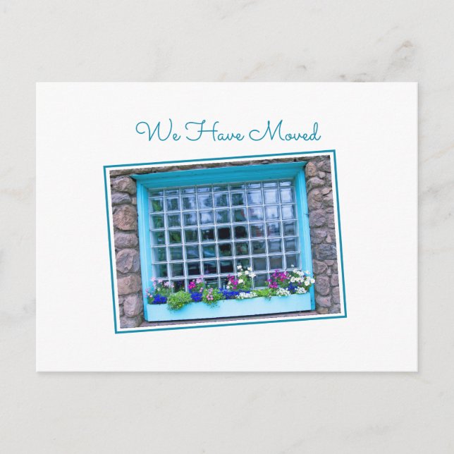 Blue Window We Have Moved Colourful Flower Box Postcard (Front)