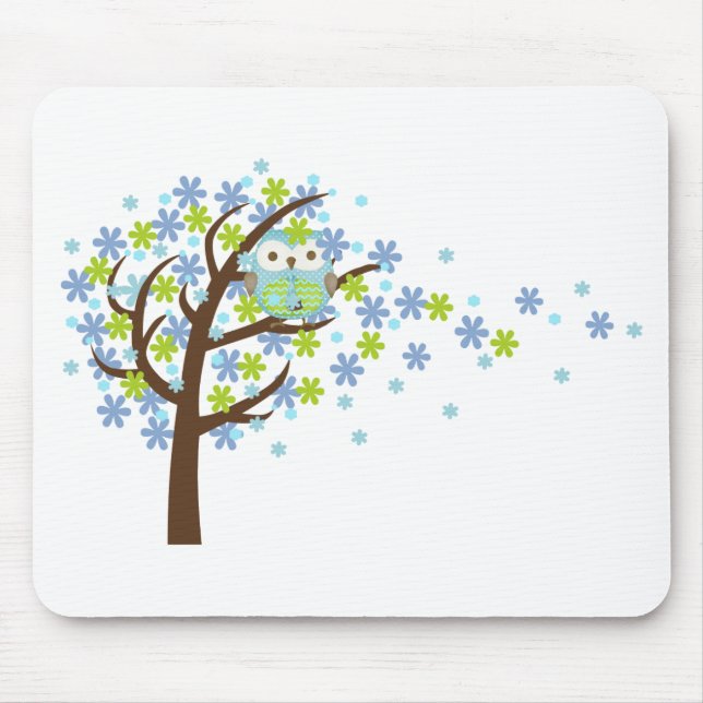 Blue Windy Tree Owl Mouse Mat (Front)