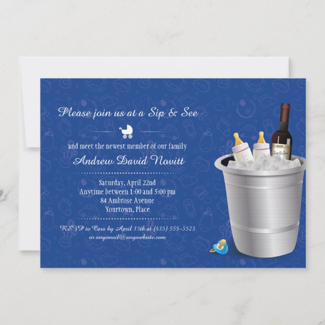 Blue Wine and Baby Bottles Sip and See Baby Shower Invitation (Front)