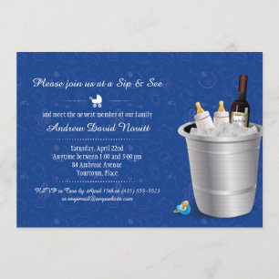 Blue Wine and Baby Bottles Sip and See Baby Shower Invitation