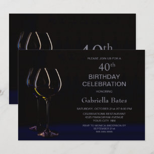 Blue Wine Glass 40th Birthday Party Invitation