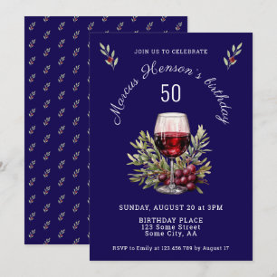 Blue Wine Glass Olive Watercolor 50th Birthday  Invitation