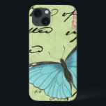 Blue-Winged Butterfly on Teal Postcard iPhone 13 Case<br><div class="desc">This teal postcard carries a message of beauty. A delicate blue-winged butterfly rests on the card,  obscuring some of the script it contains. This Vision Studio print would make a great addition to your home!</div>