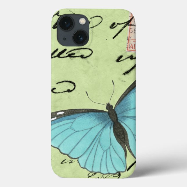 Blue-Winged Butterfly on Teal Postcard Case-Mate iPhone Case (Back)