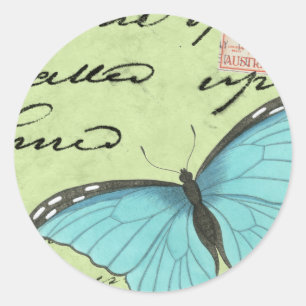 Blue-Winged Butterfly on Teal Postcard Classic Round Sticker