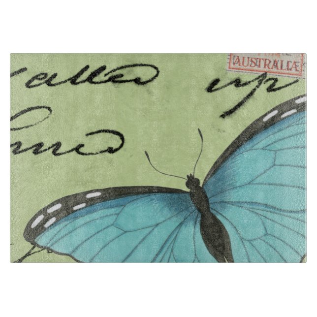 Blue-Winged Butterfly on Teal Postcard Cutting Board (Front)