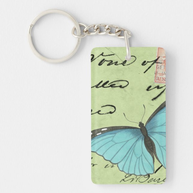 Blue-Winged Butterfly on Teal Postcard Key Ring (Front)