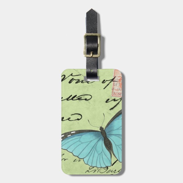 Blue-Winged Butterfly on Teal Postcard Luggage Tag (Front Vertical)