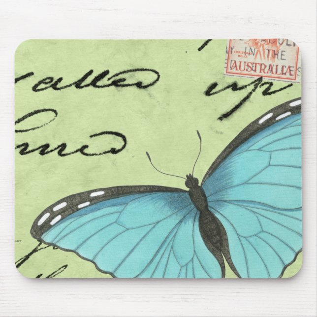 Blue-Winged Butterfly on Teal Postcard Mouse Mat (Front)