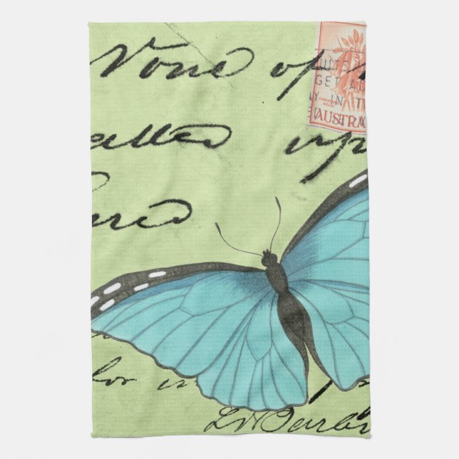 Blue-Winged Butterfly on Teal Postcard Tea Towel (Vertical)