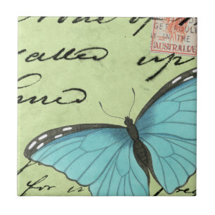 Blue-Winged Butterfly on Teal Postcard Tile