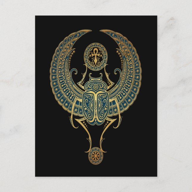 Blue Winged Egyptian Scarab Beetle with Ankh Black Postcard (Front)