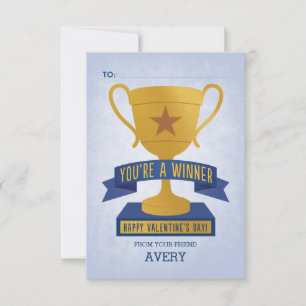Blue Winner's Trophy Classroom Valentine Card