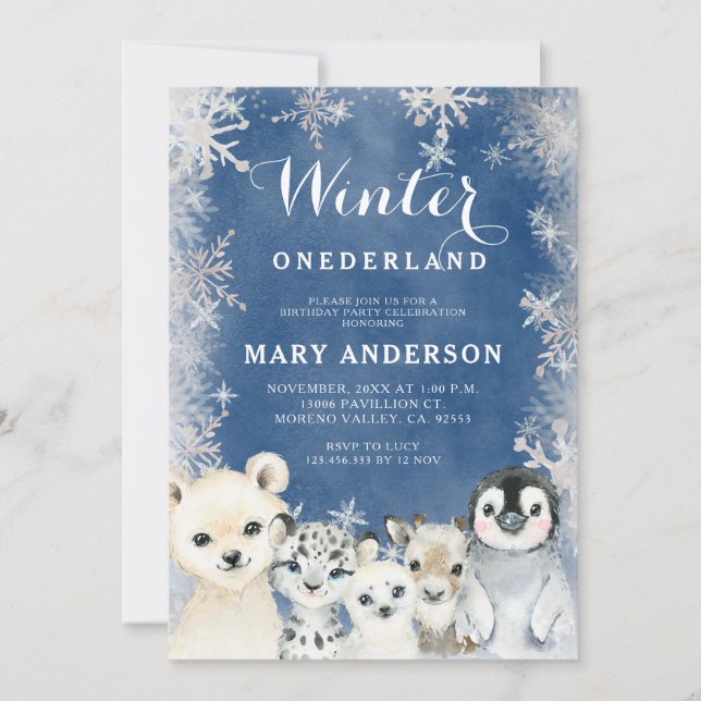 Blue Winter Arctics Onederland Birthday Invitation (Front)