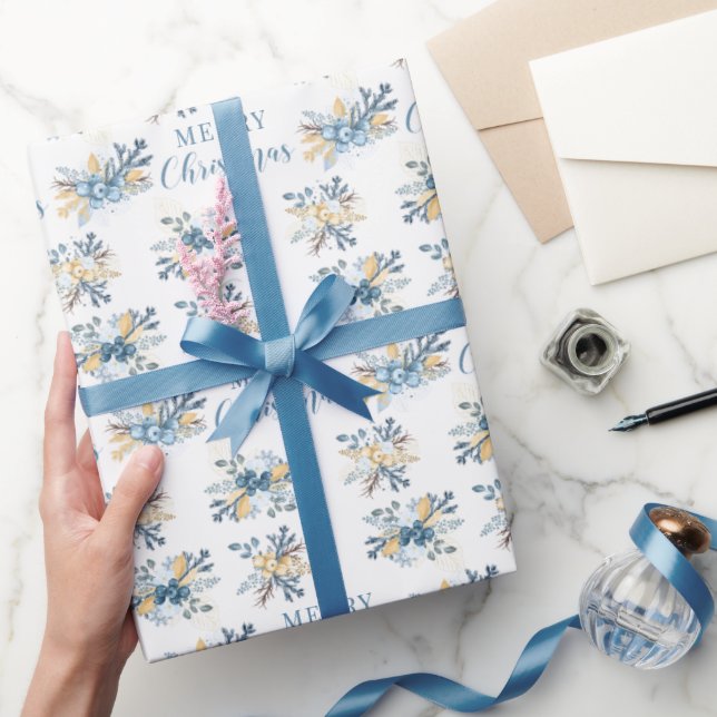 Blue winter berries merry Christmas wrapping paper (Gifting)